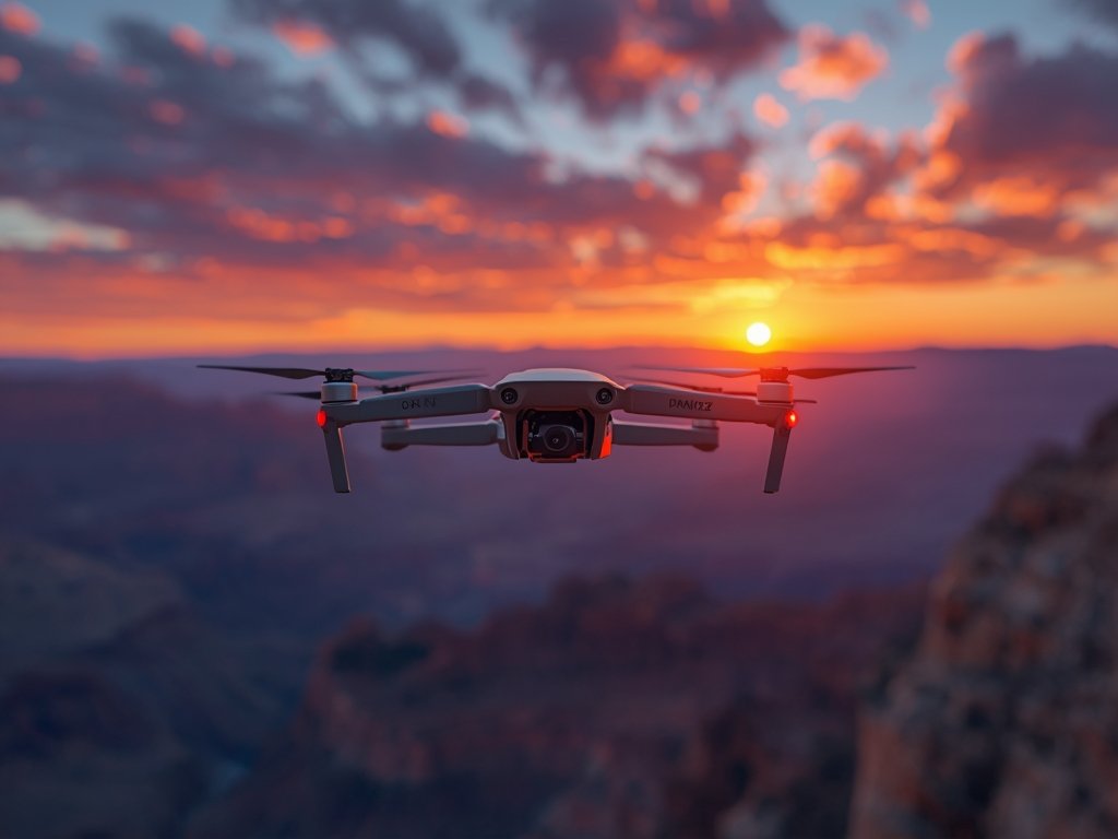 A photorealistic image of a sleek, compact drone hovering over