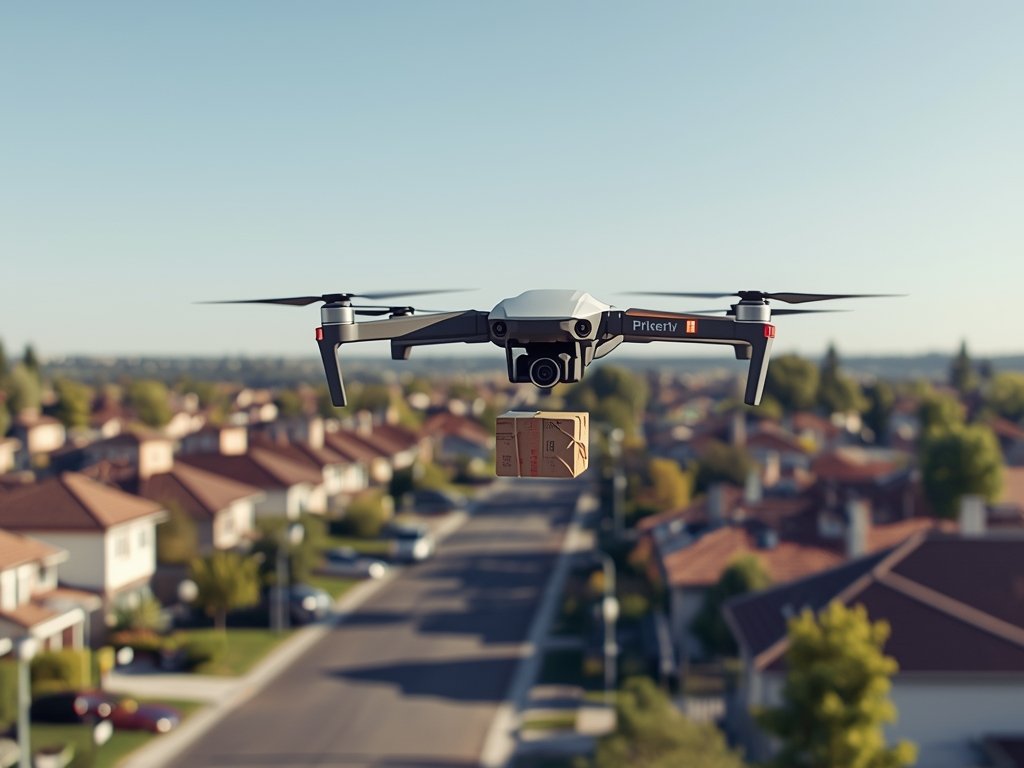 A photorealistic image of a sleek, futuristic drone hovering over