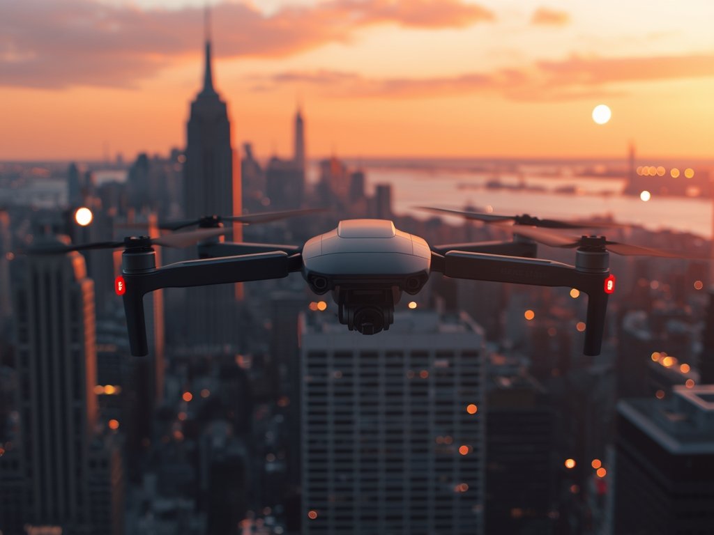 A photorealistic image of a sleek, futuristic drone hovering over
