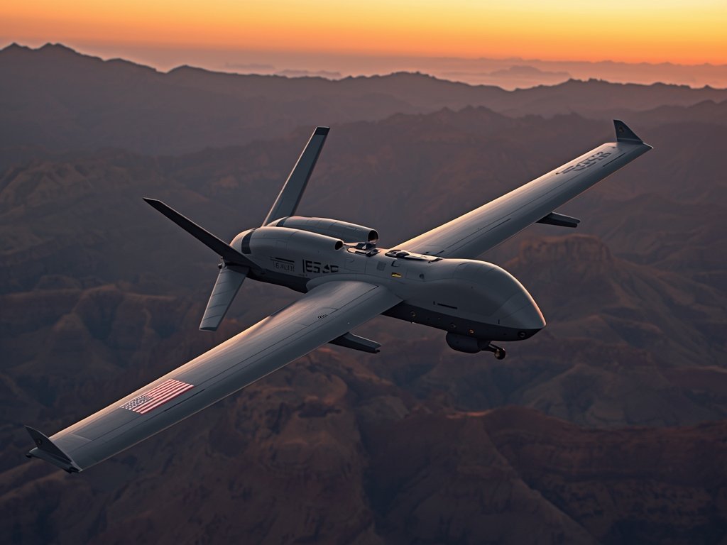 A photorealistic image of a sleek, high-tech military drone hovering