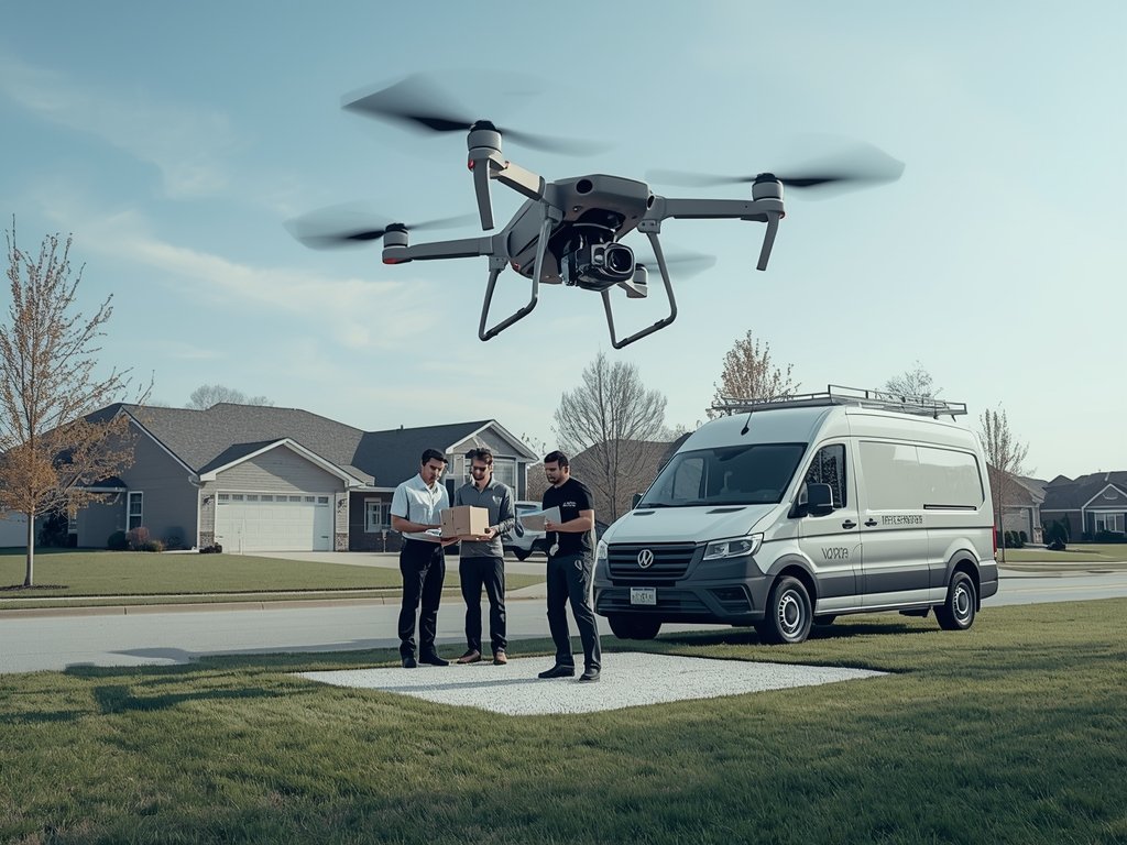 A photorealistic image of a team of professionals setting up