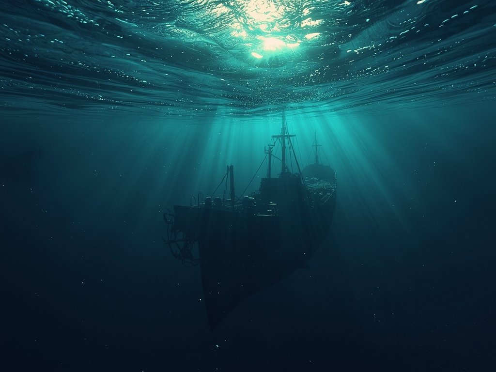 A photorealistic image of a vast ocean with a mysterious