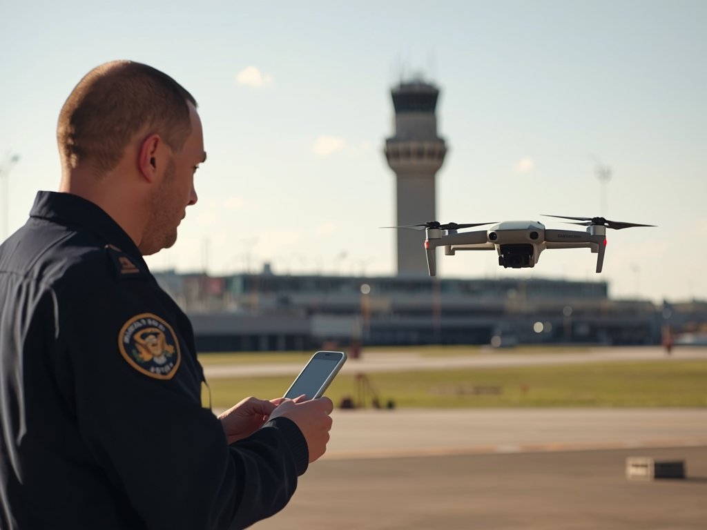 A photorealistic image of an FAA inspector examining a drone