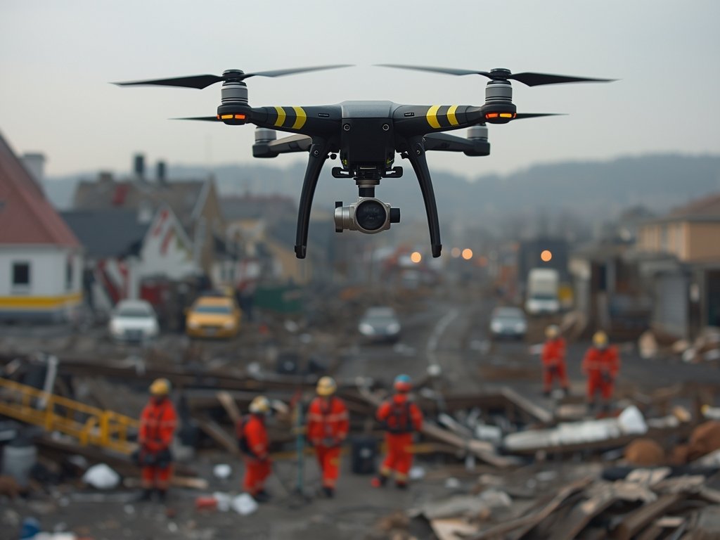 A photorealistic image of emergency responders using drones to assess