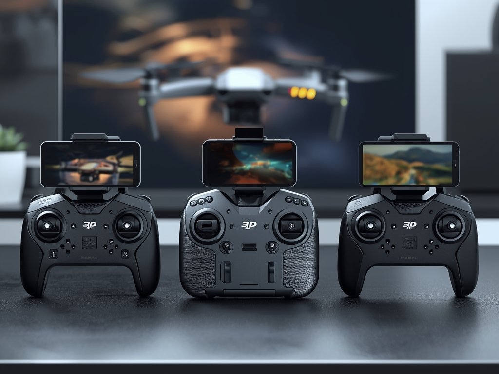 A photorealistic image of three FPV drone controllers at different