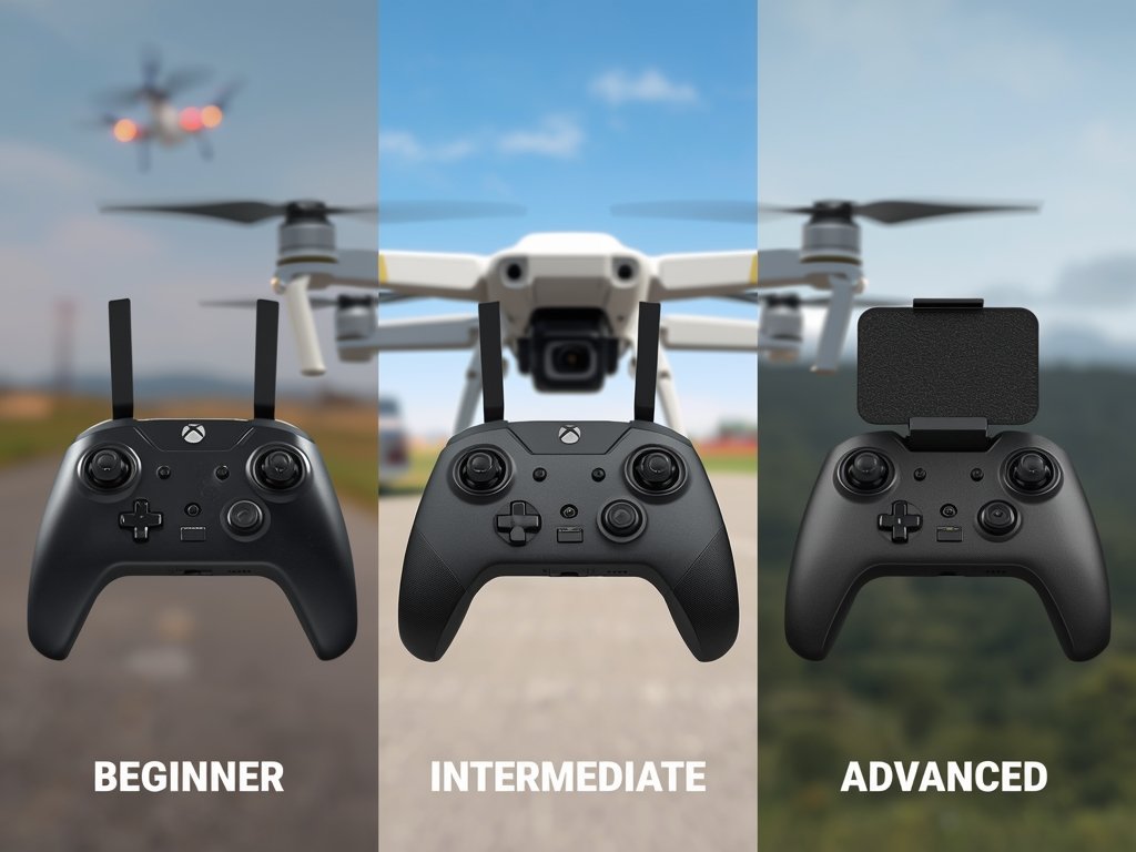 A photorealistic image of three FPV drone controllers side by