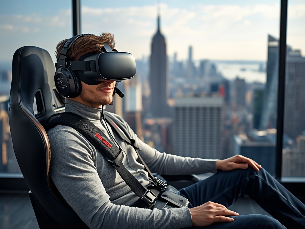 A pilot wearing FPV goggles, comfortably seated in a racing