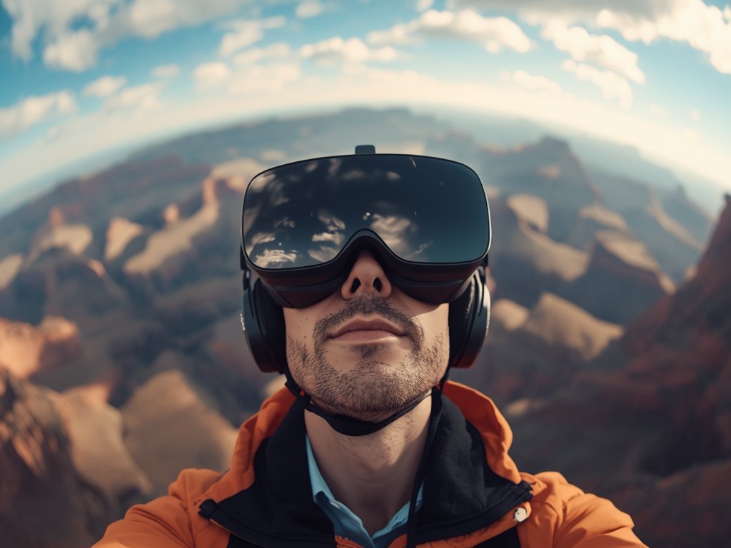 A pilot wearing FPV goggles, completely immersed in a stunning