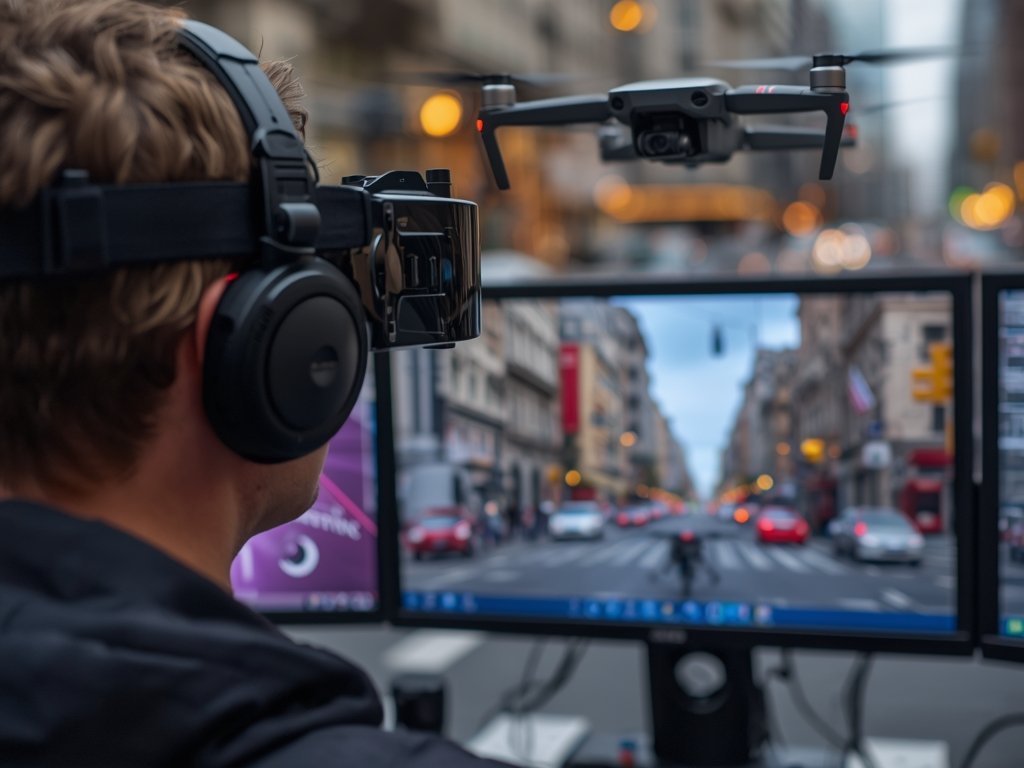 A pilot wearing high-tech FPV goggles, with a monitor displaying