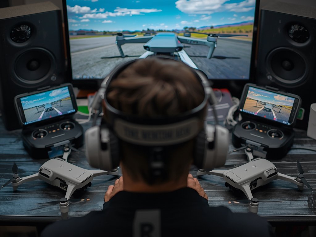 A pilot's workstation with multiple FPV drone goggles, transmitters, and