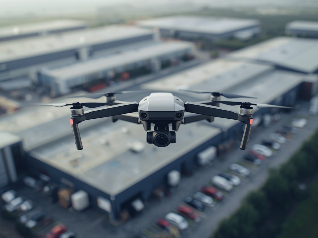 A security drone capturing high-resolution footage of a large warehouse