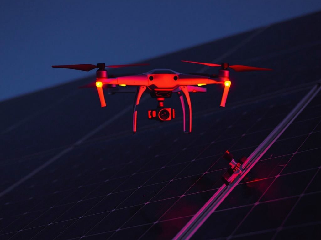 A security drone equipped with a thermal imaging camera inspecting