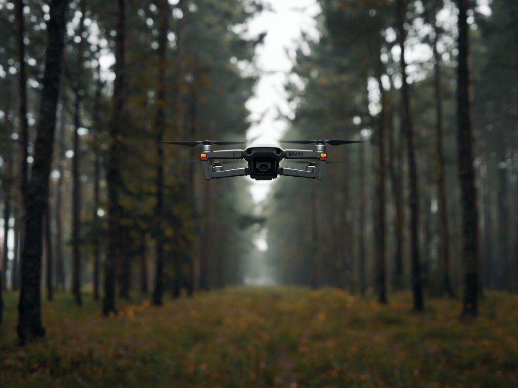 A serene landscape of a quiet forest with a drone