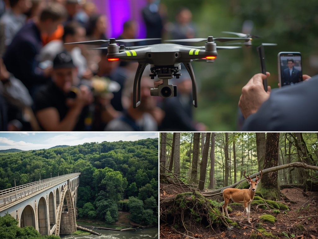 A series of images showing drones in action: one filming