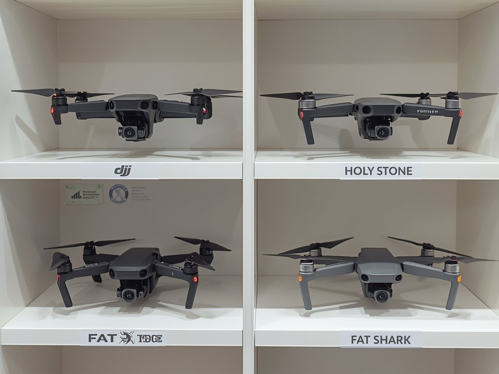 A shelf displaying drones from popular brands like DJI, Holy