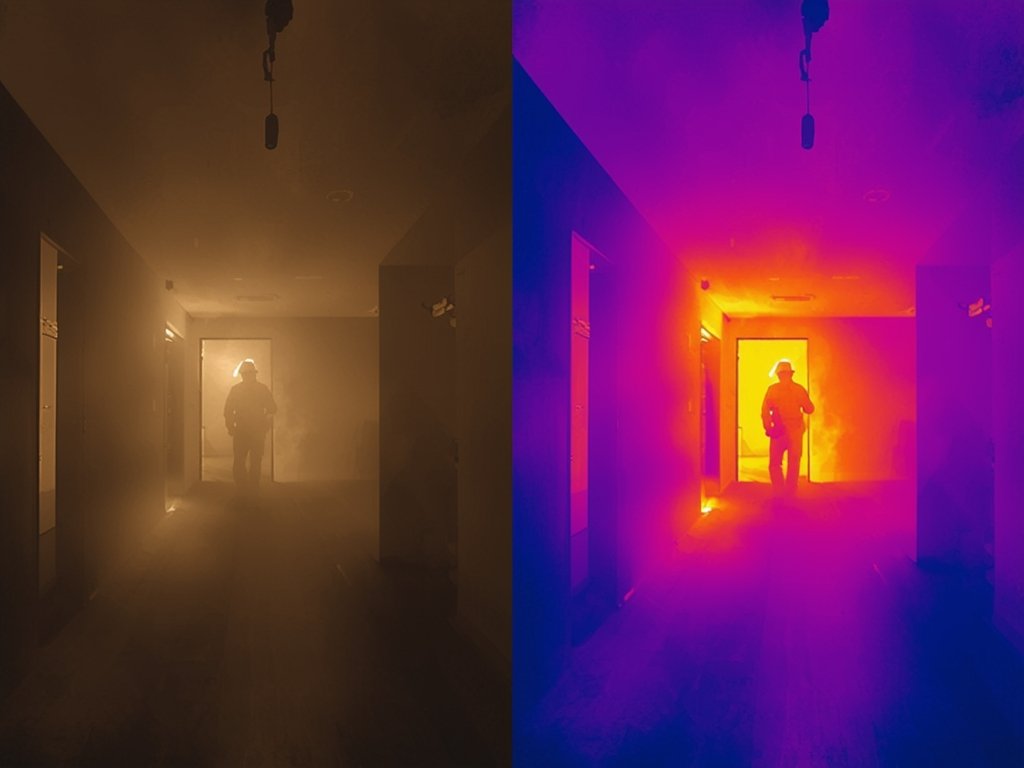A side-by-side comparison of a smoke-filled room in visible light
