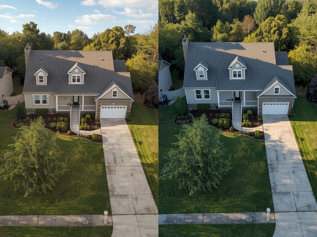 A side-by-side comparison of a standard ground-level property photo and