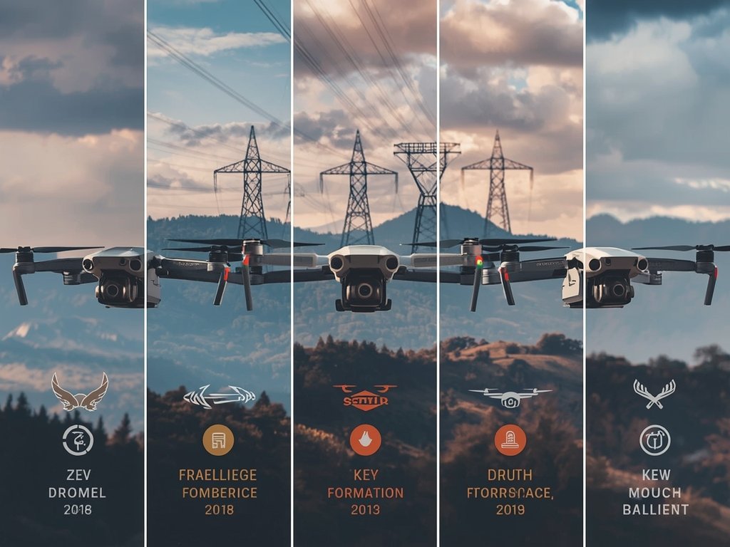 A side-by-side comparison of five drones, each labeled with its
