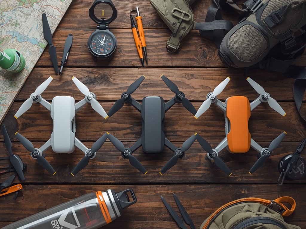 A side-by-side comparison of three compact drones on a wooden