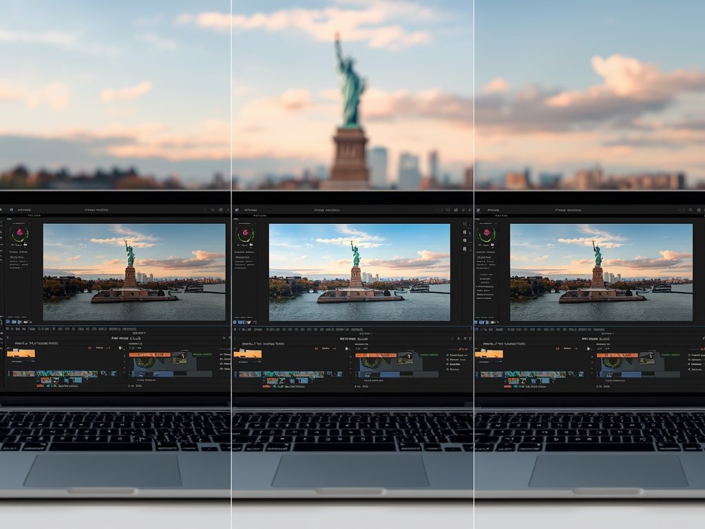 A side-by-side comparison of three laptops, each displaying a different