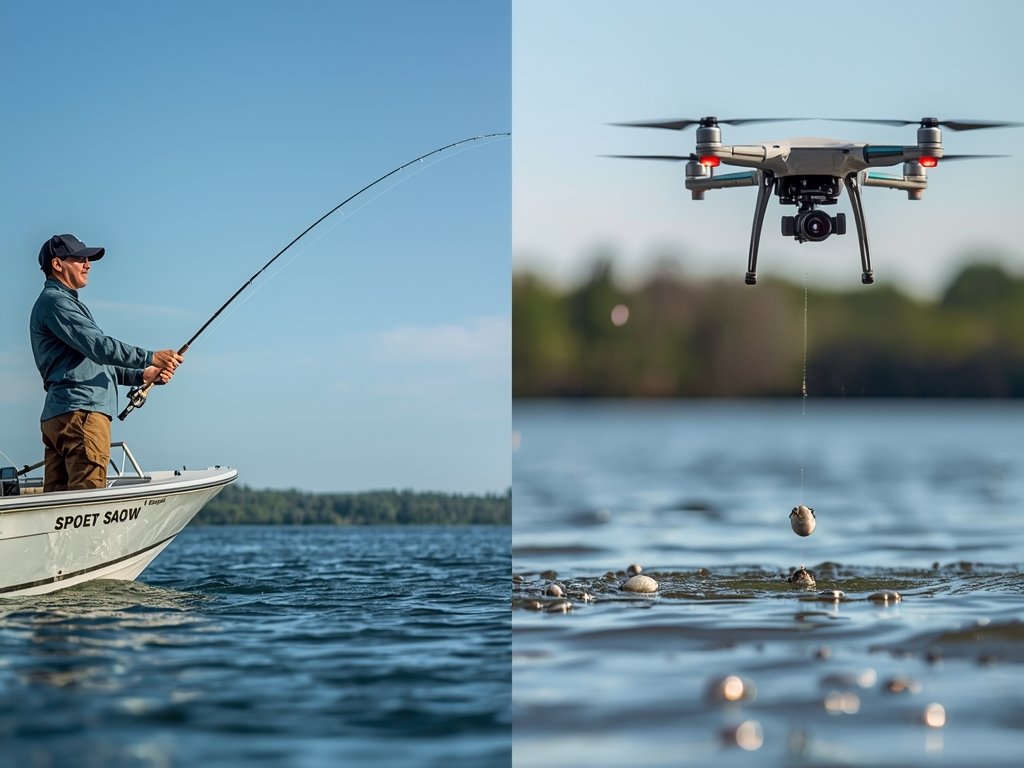 A side-by-side comparison of traditional casting vs. drone bait dropping,