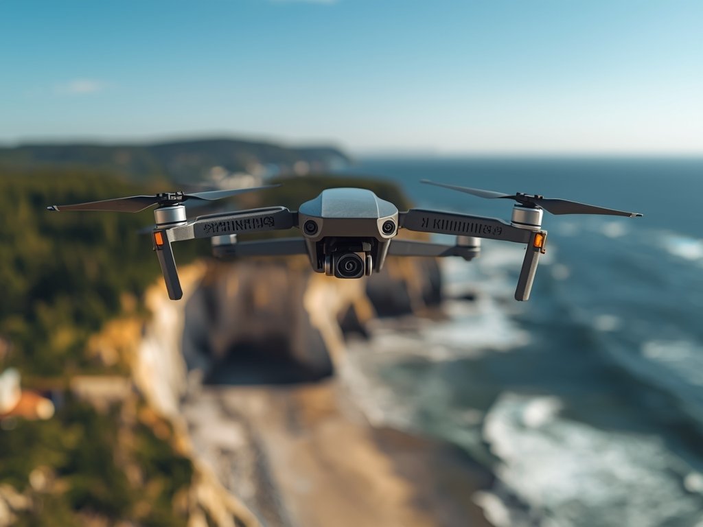 A sleek, high-tech drone with a prominent zoom lens, hovering