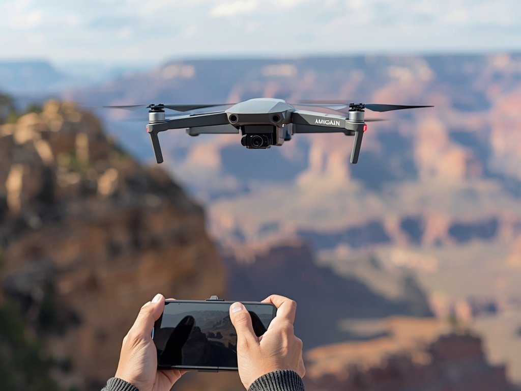 A sleek, modern autonomous drone hovering over a picturesque American