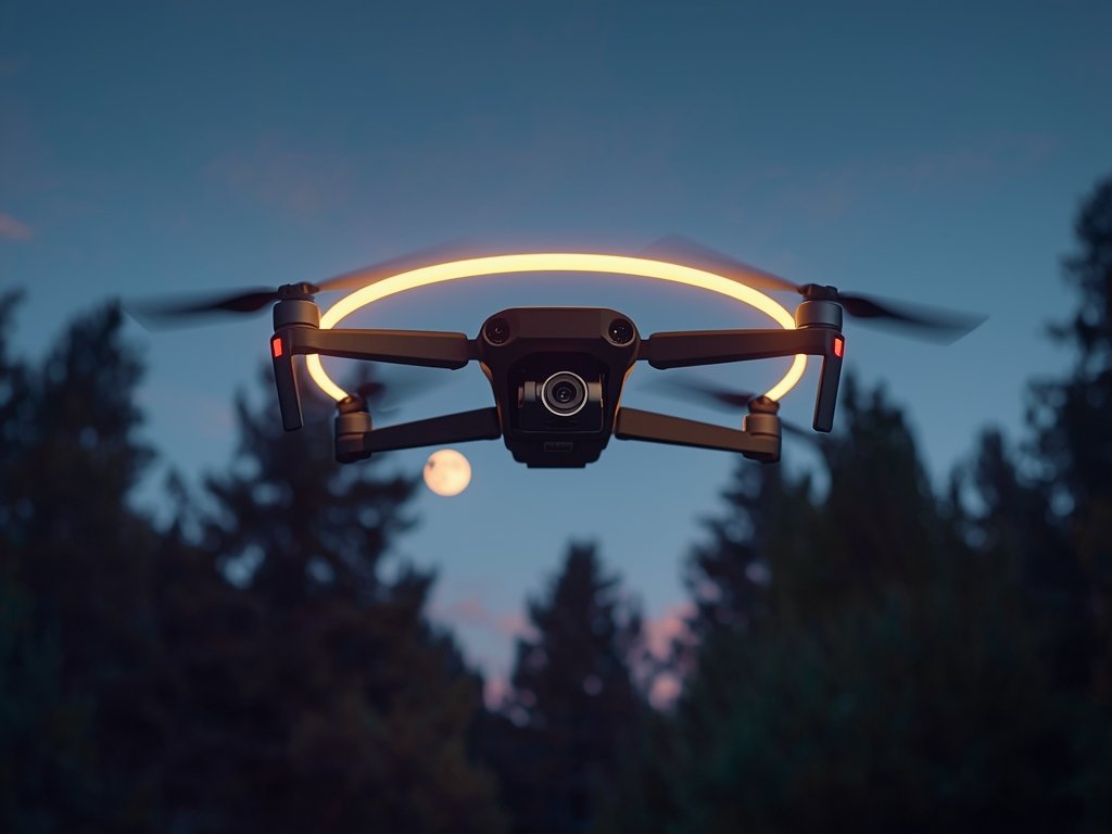 A sleek, modern drone with a glowing LED ring, hovering
