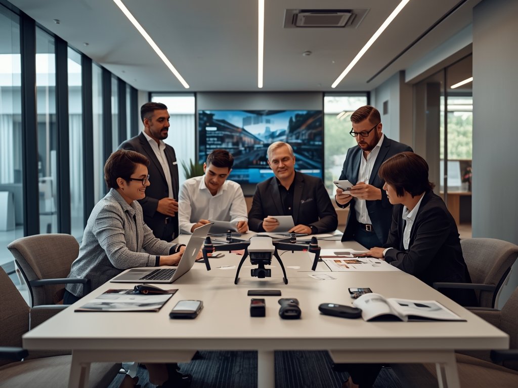 A sleek, modern office space with a team of professionals