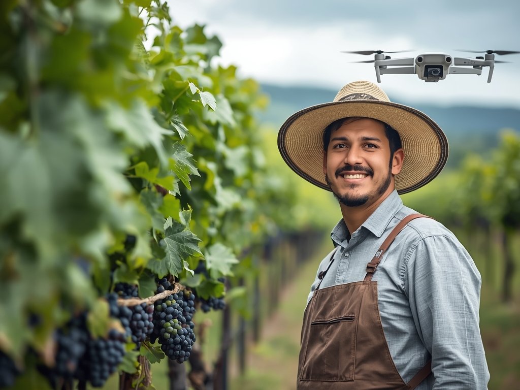 A smiling farmer in a wide-brimmed hat standing next to