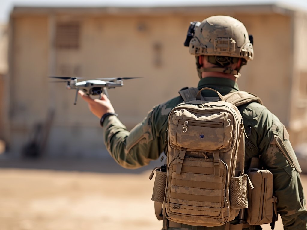 A soldier launching a small tactical drone from a backpack,