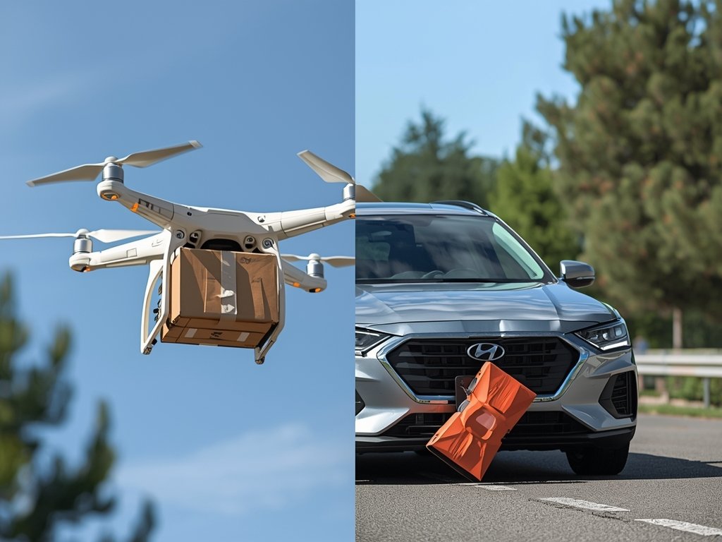 A split image showing a drone delivering a package on