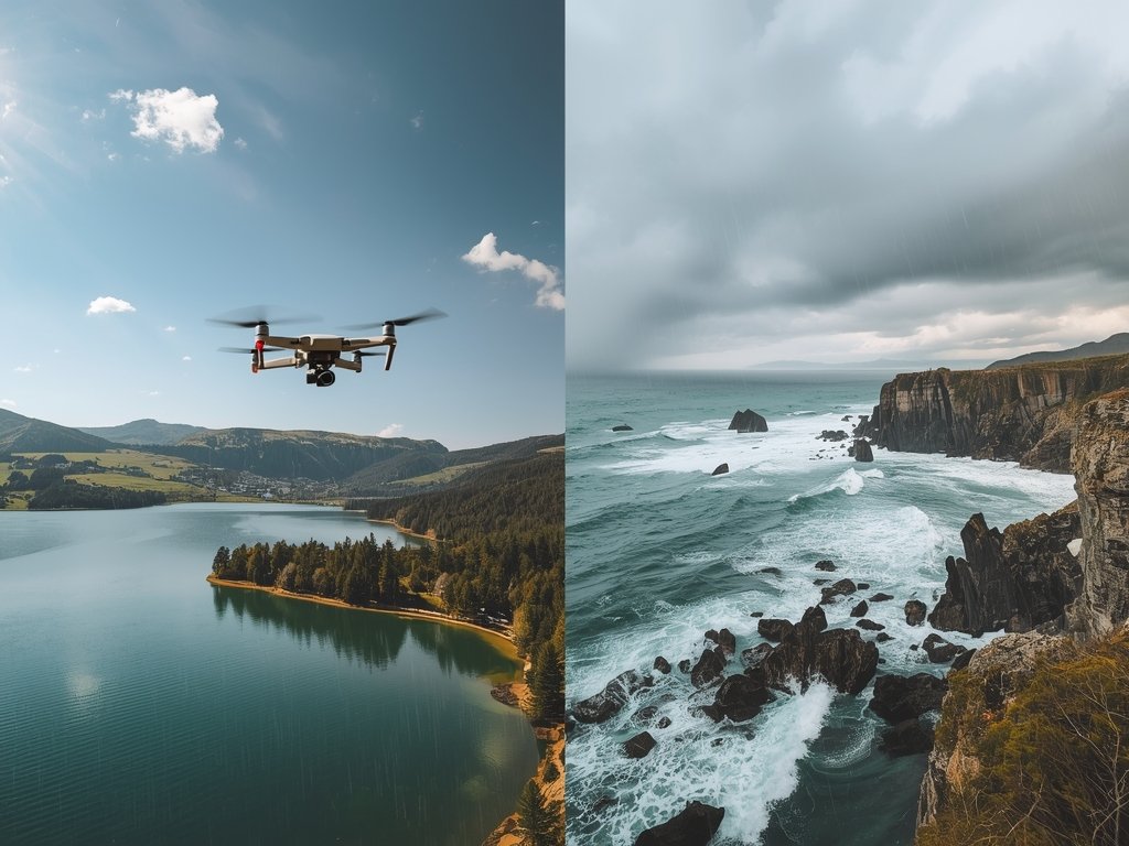 A split image showing a drone flying over a serene