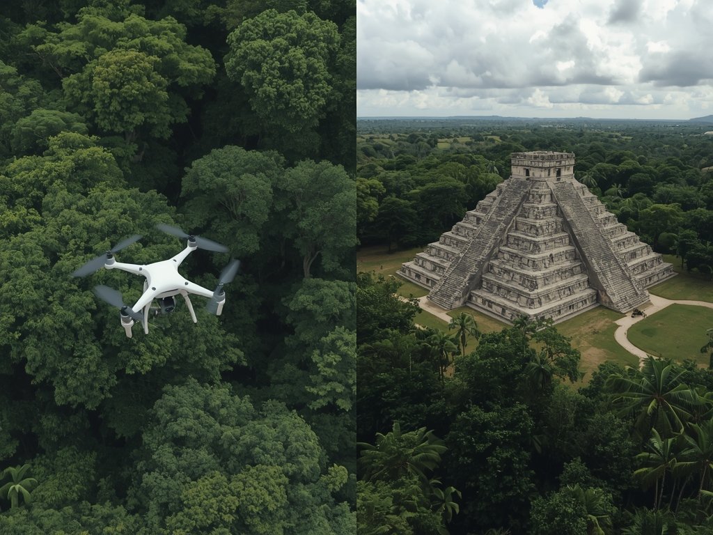 A split image showing a LiDAR drone scanning a dense