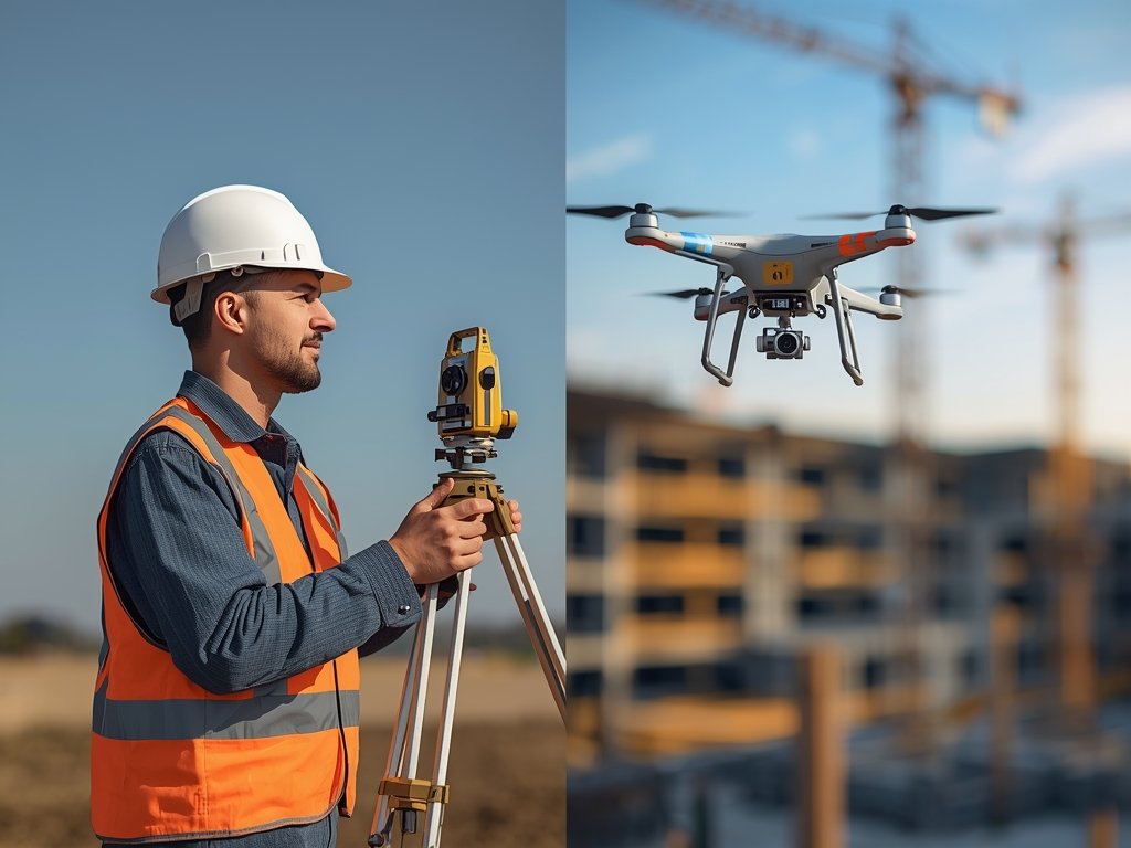 A split image showing a traditional surveyor on the left