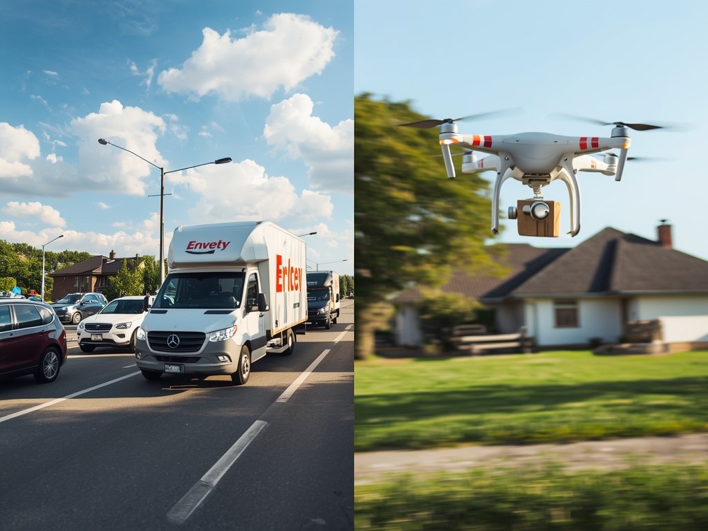 A split image showing a traditional delivery truck stuck in