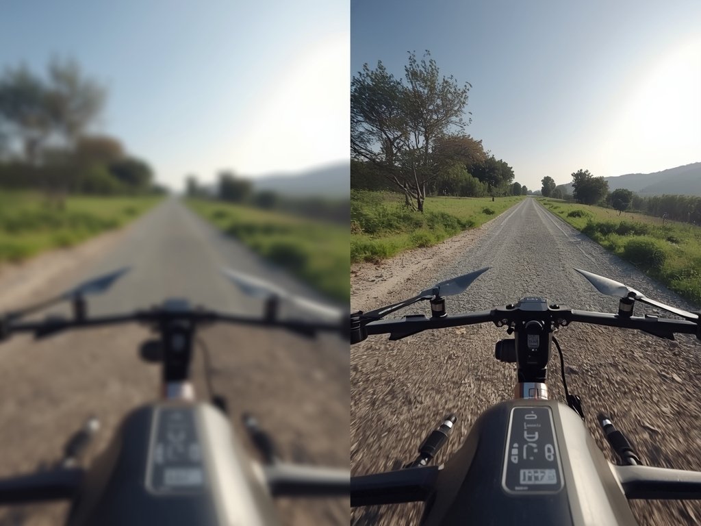 A split-screen comparison of a blurry FPV feed vs. a