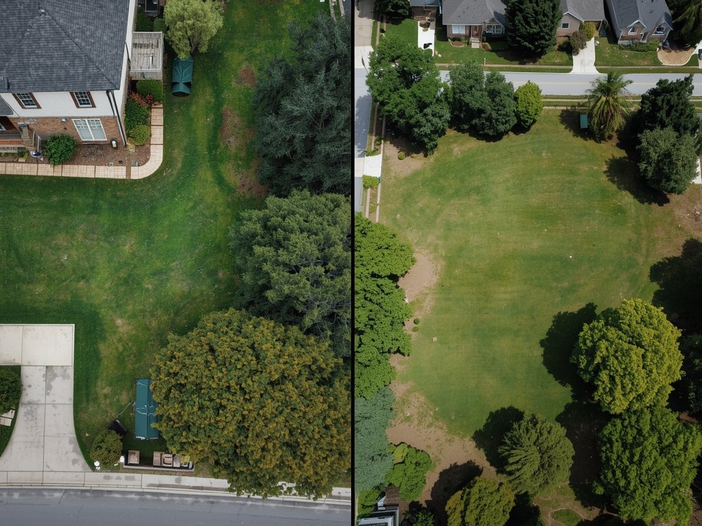 A split-screen comparison of a standard ground-level photo of a