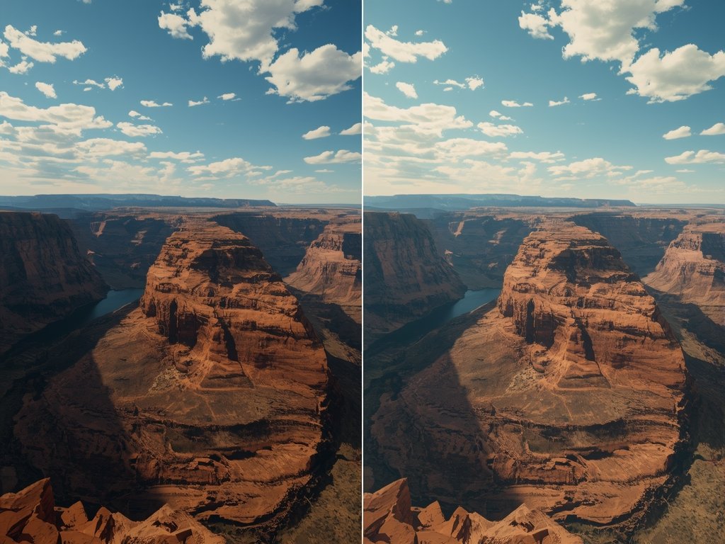 A split-screen comparison of a standard drone shot and a