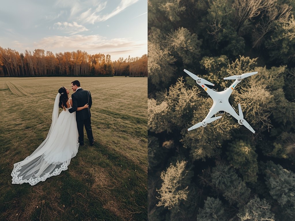 A split-screen comparison of a traditional ground-level wedding photo and