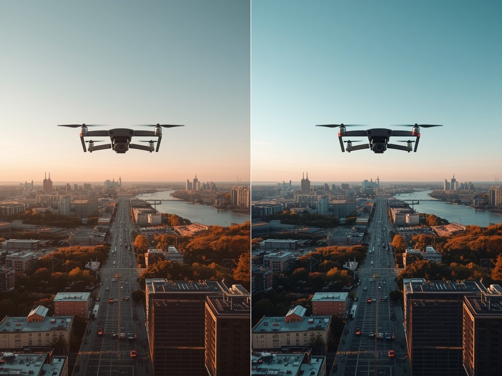 A split-screen comparison of two drone shots: one overexposed without