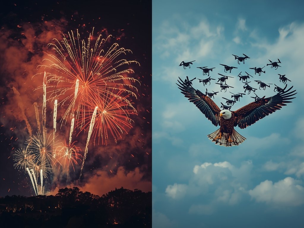 A split-screen image: one side showing a traditional fireworks display