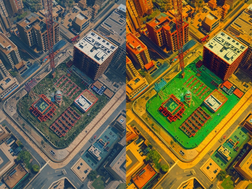 A split-screen image: one side showing a traditional 2D drone