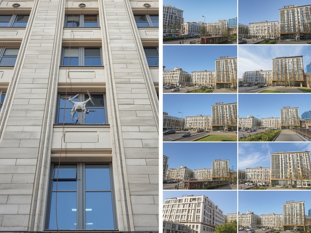 A split-screen image: one side showing a traditional ground-level inspection