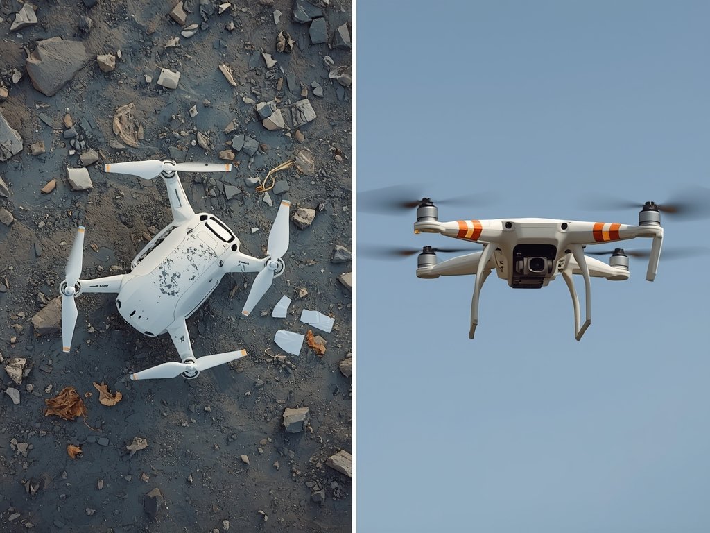 A split-screen image: one side shows a crashed, damaged drone,