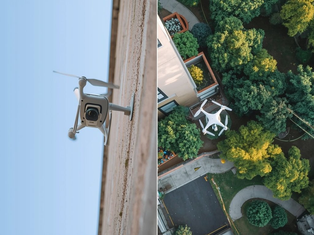 A split-screen image: one side shows a traditional security camera