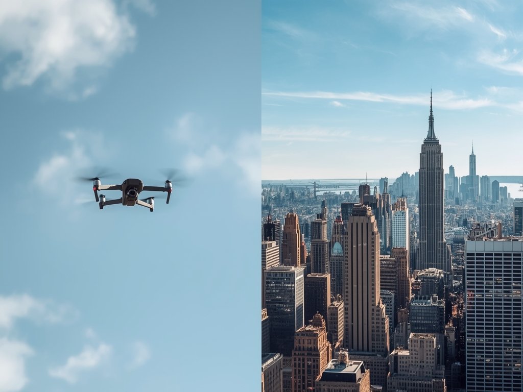 A split-screen image: one side shows a drone aimlessly drifting,
