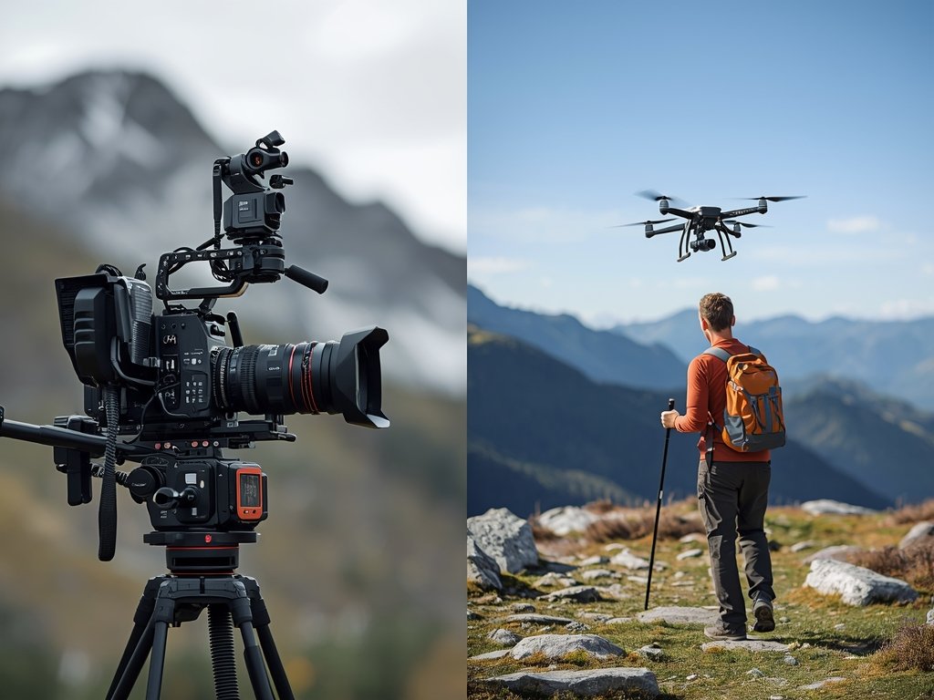 A split-screen image: one side shows a traditional film set