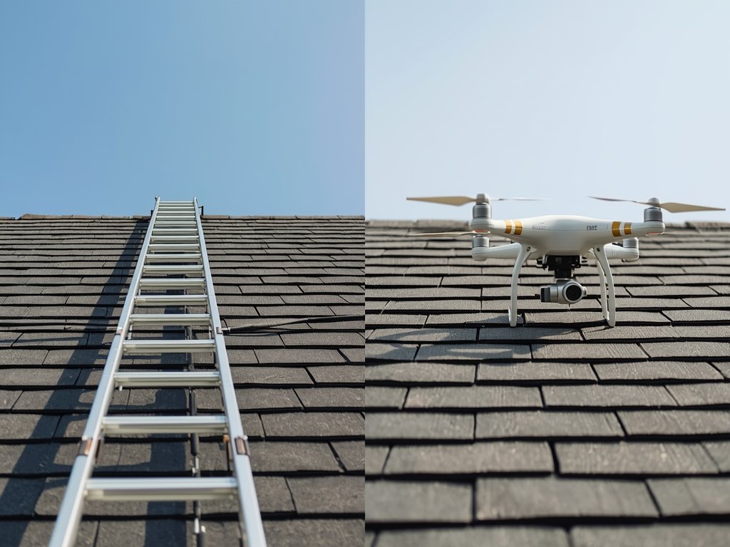 A split-screen image: one side shows a traditional ladder inspection,