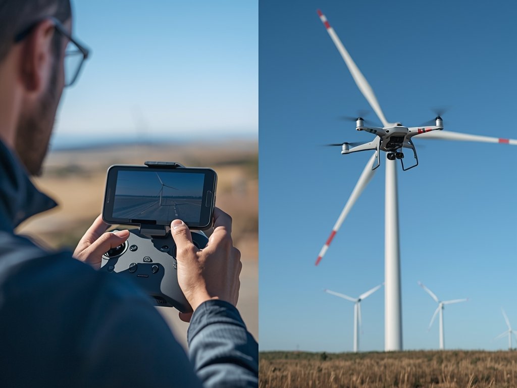 A split-screen image: one side shows a drone operator with
